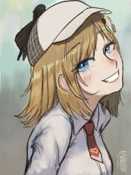 Rule 34 | 1girl, artist name, blonde hair, blue eyes, close-up, dated, hat, highres, hololive, hololive english, looking at viewer, necktie, red necktie, reze (rewindze), short necktie, smile, solo, virtual youtuber, watson amelia, watson amelia (1st costume)