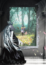 aesc_(fate) antinese bird black_dress blonde_hair bug butterfly crown dress fate/grand_order fate_(series) field flower flower_field forest grey_hair habetrot_(fate) hat highres holding holding_staff insect long_hair morgan_le_fay_(fate) morgan_le_fay_(queen_of_winter)_(fate) nature painting_(object) petals pink_hair ponytail staff veil