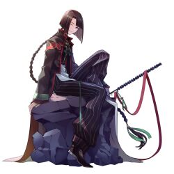 Rule 34 | 1boy, black coat, black hair, blunt bangs, braid, changpao, chinese clothes, closed mouth, coat, curtained hair, fate/grand order, fate (series), full body, high collar, highres, holding, long braid, long hair, long sleeves, looking at viewer, loose clothes, male focus, morita yuu, one eye closed, pants, purple eyes, red trim, rock, rod, shirt, simple background, sitting, sitting on rock, smile, solo, striped clothes, striped pants, tai gong wang (fate), vertical-striped clothes, vertical-striped pants, white background, wink