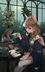 Rule 34 | 1girl, alternate costume, animal ear fluff, animal ears, barefoot, blonde hair, blouse, blue jacket, book, casual, cat, cellphone, chinese clothes, commentary, cup, earrings, extra ears, fennec (kemono friends), floral print, fox ears, fox girl, fox tail, green shirt, high collar, highres, jacket, jewelry, kemono friends, long sleeves, nanana (nanana iz), pants, phone, romaji commentary, shirt, short hair, sitting, smartphone, solo, tail, teacup, white pants