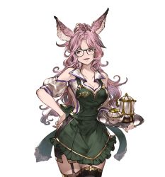 Rule 34 | 10s, 1girl, animal ears, apron, bare shoulders, black thighhighs, breasts, catharine (granblue fantasy), cleavage, erune, garter straps, granblue fantasy, hand on own hip, holding, holding tray, long hair, looking away, minaba hideo, miniskirt, official art, open mouth, pink hair, purple eyes, skirt, solo, teapot, thighhighs, transparent background, tray, waitress, zettai ryouiki
