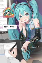 1girl aqua_eyes aqua_hair aqua_nails aqua_necktie black_sleeves chibi commentary detached_sleeves grey_shirt hatsune_miku head_rest headphones headset highres kanpa_(campagne_9) long_hair master_(vocaloid) necktie number_tattoo pov pov_hands shirt tattoo translated twintails very_long_hair vocaloid