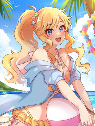 Rule 34 | 1girl, :d, absurdres, ball, bare shoulders, beach, beachball, bikini, bird, blonde hair, blue eyes, blue jacket, blue sky, blush, bow, breasts, cleavage, cloud, collarbone, dated, day, dot nose, floral print, flower wreath, front-tie bikini top, front-tie top, grk 11601, hair ornament, highres, holding, holding ball, holding beachball, horizon, idolmaster, idolmaster cinderella girls, idolmaster cinderella girls starlight stage, jacket, jewelry, long hair, looking at viewer, medium breasts, mountain, multiple bracelets, necklace, ocean, off shoulder, ohtsuki yui, open clothes, open jacket, open mouth, outdoors, palm tree, pink bikini, ponytail, print bikini, sarong, seabird, seagull, side-tie bikini bottom, signature, sky, smile, solo, sparkle, star (symbol), star hair ornament, star necklace, swimsuit, teeth, tree, upper body, upper teeth only, wavy hair, wet, yellow sarong