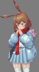 Rule 34 | 1girl, absurdres, amiya (arknights), animal ear fluff, animal ear legwear, animal ears, arknights, blue jacket, blue skirt, breathing on hands, brown hair, commentary, enpera, fringe trim, grey background, highres, jacket, long hair, long sleeves, open clothes, open jacket, pantyhose, puffy long sleeves, puffy sleeves, rabbit ear legwear, rabbit ears, radioneet, red scarf, scarf, shirt, simple background, skirt, sleeves past wrists, solo, thighhighs, white pantyhose, white shirt, white thighhighs