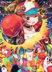 Rule 34 | 1girl, ;d, animal, badge, baseball cap, bird, black choker, black socks, blush, boxing gloves, breasts, brown hair, button badge, choker, clothes writing, commentary request, confetti, drooling, foreshortening, hat, hat ornament, highres, ikari (aor3507), incoming attack, incoming punch, jacket, kneehighs, long sleeves, medium breasts, one eye closed, open mouth, original, paint splatter, paint stains, penguin, punching, red eyes, red footwear, red hat, red jacket, shirt, shoes, short shorts, shorts, smile, sneakers, socks, solo, thighhighs, torn clothes, torn legwear, twitter username, white shirt, yellow socks