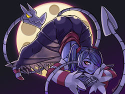 Rule 34 | 1girl, ass, black background, blue hair, blue skin, blush, colored skin, dress, hakainoika, jack-o&#039; challenge, leviathan (skullgirls), looking at viewer, moon, red eyes, see-through silhouette, side ponytail, skeletal arm, skullgirls, smile, solo, squigly (skullgirls), stitched mouth, stitches, striped legwear, striped sleeves, top-down bottom-up, yellow eyes, zombie