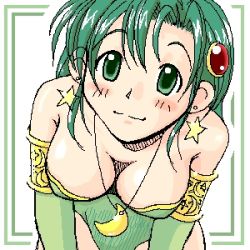Rule 34 | 1990s (style), bare shoulders, blush, breasts, cleavage, earrings, elbow gloves, final fantasy, final fantasy iv, gloves, green eyes, green hair, hair ornament, jewelry, leaning forward, leotard, lowres, necklace, oekaki, rydia (ff4), smile