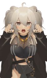 Rule 34 | ahoge, animal ears, breasts, cleavage, fingernails, gao, grey eyes, grey hair, hololive, jewelry, kan (sushi kankan), large breasts, leaning forward, lion ears, lion girl, long hair, looking at viewer, necklace, off shoulder, open mouth, paw pose, see-through, see-through cleavage, shishiro botan, shishiro botan (1st costume), simple background, solo, teeth, virtual youtuber, white background