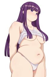 Rule 34 | 1girl, absurdres, arm at side, arm behind back, blunt bangs, blush, breasts, closed mouth, cloudxmoe, collarbone, cowboy shot, dot mouth, fern (sousou no frieren), hair over breasts, highres, long hair, medium breasts, navel, panties, plump, purple eyes, purple hair, sidelocks, simple background, solo, sousou no frieren, straight hair, thick arms, thick thighs, thighs, underwear, white background, white panties