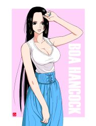 Rule 34 | 1girl, black hair, blue eyes, blue nails, blue skirt, boa hancock, breasts, character name, chris re5, cleavage, earrings, high-waist skirt, highres, hoop earrings, jewelry, large breasts, lips, long hair, looking at viewer, nail polish, one piece, parted lips, skirt, solo, very long hair