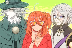 Rule 34 | 1girl, 2boys, ahoge, blue eyes, blush, breasts, cigarette, cleavage, closed eyes, closed mouth, coat, commentary request, edmond dantes (fate), fate/grand order, fate (series), fujimaru ritsuka (female), gedougawa, green background, green coat, green headwear, grey hair, hair between eyes, hair ornament, hair scrunchie, large breasts, long bangs, looking at viewer, magatama, medium hair, multiple boys, one side up, orange hair, outline, prince of lan ling (fate), scrunchie, short hair, smile, sunglasses, upper body, wavy hair, white-framed eyewear, white outline