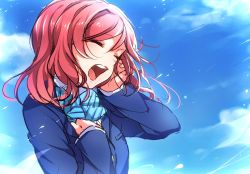 Rule 34 | 10s, 1girl, bad id, bad pixiv id, blazer, blue bow, blue bowtie, bow, bowtie, closed eyes, cloud, day, hand on own chest, highres, hotechige, jacket, long sleeves, love live!, love live! school idol project, nishikino maki, open mouth, red hair, school uniform, short hair, sky, solo, striped bow, striped bowtie, striped clothes, striped neckwear, upper body