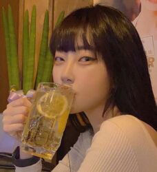 Rule 34 | 1girl, asian, black hair, drink, drinking, food, fruit, korean (nationality), lemon, lemonade, long hair, photo (medium), plant, real life, simjamon, solo