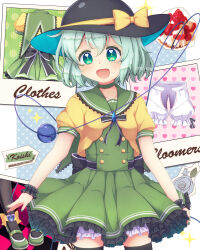Rule 34 | 1girl, adapted costume, back bow, black bow, black hat, black thighhighs, bloomers, bow, breasts, cake, collarbone, cowboy shot, english text, food, frilled skirt, frills, green eyes, green hair, green sailor collar, green skirt, hair between eyes, happy, hat, hat bow, hat ribbon, heart, heart-shaped pupils, heart of string, highres, koishi day, komeiji koishi, looking at viewer, medium breasts, medium hair, open mouth, puffy short sleeves, puffy sleeves, ribbon, sailor collar, shirt, short sleeves, skirt, solo, strawberry shortcake, symbol-shaped pupils, thighhighs, third eye, tomo takino, touhou, underwear, white bloomers, wrist cuffs, yellow bow, yellow ribbon, yellow shirt, zettai ryouiki