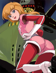 Rule 34 | 1girl, armpits, ass, blonde hair, blue eyes, bodysuit, character request, gloves, haruyama kazunori, lipstick, long hair, looking at viewer, makeup, open mouth, red bodysuit, retro artstyle, ship, smile, solo, watercraft, white gloves