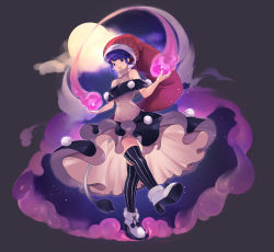 Rule 34 | 1girl, amano hagoromo, black skirt, black thighhighs, blue eyes, blue hair, doremy sweet, dream soul, full body, grey background, hat, looking at viewer, nightcap, open mouth, pom pom (clothes), red hat, shirt, short hair, skirt, sleeveless, sleeveless turtleneck, smile, solo, striped clothes, striped thighhighs, tail, tapir tail, thighhighs, touhou, turtleneck, white footwear, white shirt