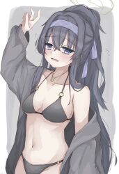 Rule 34 | 1girl, absurdres, arm up, bikini, bisumaru, black bikini, black hair, blue archive, blue hairband, breasts, collarbone, commentary request, grey background, grey jacket, hair between eyes, hairband, halo, highres, jacket, jewelry, long hair, looking at viewer, medium breasts, necklace, official alternate costume, open mouth, solo, stinky, swimsuit, two-tone background, ui (blue archive), ui (swimsuit) (blue archive), v, very long hair, white background, yellow halo