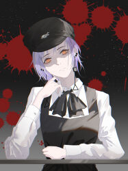 1girl absurdres big_fire_dragon black_dress black_hat black_ribbon blood blood_splatter chainsaw_man closed_mouth collared_shirt dress earrings fami_(chainsaw_man) fourth_east_high_school_uniform hat highres jewelry long_sleeves looking_at_viewer mole mole_under_eye mole_under_mouth multiple_moles neck_ribbon peaked_cap pinafore_dress purple_hair ribbon ringed_eyes school_uniform shirt short_hair sleeveless sleeveless_dress solo white_shirt yellow_eyes