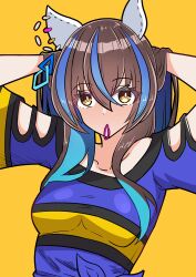 1girl absurdres akkunz animal_ears blue_hair brown_hair colored_inner_hair daitaku_helios_(umamusume) ear_covers ear_ornament facial_tattoo hair_ornament hairclip highres horse_ears horse_girl horse_tail horseshoe_ornament long_hair looking_at_viewer multicolored_hair side_ponytail simple_background solo star_(symbol) star_hair_ornament tail tattoo umamusume yellow_background yellow_eyes