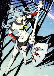 Rule 34 | 1girl, absurdres, android, aqua hair, atlus, axe, battle axe, from above, headphones, highres, joints, labrys (persona), long hair, official art, persona, persona 4: the ultimate in mayonaka arena, pleated skirt, ponytail, red eyes, robot joints, school uniform, skirt, soejima shigenori, sogabe shuuji, solo, weapon