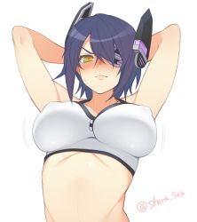 Rule 34 | 10s, 1girl, arms behind back, arms up, bikini, blush, bouncing breasts, breasts, covered erect nipples, eyepatch, female focus, furrowed brow, headgear, kantai collection, large breasts, purple hair, shirogane rio (artist), short hair, signature, solo, sweatdrop, swimsuit, tenryuu (kancolle), twitter username, wavy mouth, white bikini, yellow eyes
