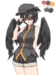 Rule 34 | 1girl, :d, adjusting eyewear, alternate costume, bare arms, bare shoulders, bird wings, black hair, blush, breasts, cabbie hat, color guide, ear piercing, fingerless gloves, glasses, gloves, hat, jewelry, kuroba rapid, large breasts, looking at viewer, open mouth, palette (object), piercing, red eyes, shameimaru aya, short hair, short ponytail, short shorts, shorts, sleeveless, smile, solo, sunglasses, thighs, touhou, wings