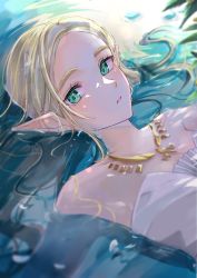 Rule 34 | 1girl, aqua eyes, bare shoulders, blonde hair, commentary, dress, english commentary, forehead, highres, jewelry, long hair, looking at viewer, necklace, nintendo, partially submerged, petals, pointy ears, princess zelda, seri (yuukasakura), sleeveless, sleeveless dress, solo, strapless, strapless dress, the legend of zelda, the legend of zelda: breath of the wild, upper body, water, white dress