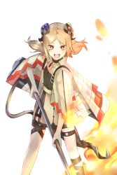 Rule 34 | 1girl, absurdres, arknights, black choker, black shirt, blonde hair, choker, coat, demon girl, demon horns, demon tail, dumenggu, feet out of frame, female focus, fire, flamethrower, gun, highres, holding, holding gun, holding weapon, horns, ifrit (arknights), looking at viewer, open mouth, sharp teeth, shirt, short hair, short twintails, skirt, solo, tail, teeth, thigh strap, twintails, v-shaped eyebrows, weapon, white background, white coat, white skirt, yellow eyes