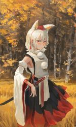 Rule 34 | 1girl, animal ears, autumn leaves, black skirt, blush, day, detached sleeves, expressionless, feet out of frame, fjsmu, forest, hat, highres, inubashiri momiji, japanese clothes, kariginu, looking at viewer, nature, outdoors, pom pom (clothes), red eyes, red hat, red skirt, sarashi, scabbard, sheath, sheathed, short hair, skirt, solo, standing, sword, tokin hat, touhou, two-tone skirt, weapon, white hair, wolf ears