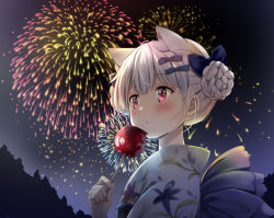 Rule 34 | 1girl, aerial fireworks, animal ear fluff, animal ears, blue bow, blush, bow, braid, braided bun, candy apple, commentary request, double bun, fireworks, floral print, food, grey hair, hair bow, hair bun, hand up, holding, holding food, indie virtual youtuber, japanese clothes, kimono, looking away, natsume eri, natsume eri (vtuber), night, night sky, outdoors, parted lips, print kimono, purple bow, red eyes, reflection, sky, solo, upper body, virtual youtuber, white kimono