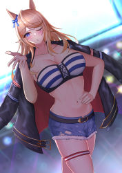 Rule 34 | 1girl, absurdres, animal ears, bandeau, belt, black belt, black jacket, blonde hair, blue bow, blue eyes, blush, bow, breasts, cleavage, collarbone, commentary request, cowboy shot, cutoffs, denim, denim shorts, dutch angle, ear bow, gold city (umamusume), hand on own hip, hand up, highres, horse ears, jacket, jacket on shoulders, large breasts, lens flare, long hair, long sleeves, looking at viewer, midriff, navel, one eye closed, parted lips, rakudai37, short shorts, shorts, solo, standing, stomach, strapless, striped bandeau, thigh strap, thighs, tube top, umamusume
