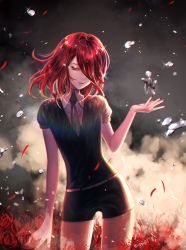 Rule 34 | androgynous, crying, crying with eyes open, flower, gem uniform (houseki no kuni), gender request, hair over one eye, highres, houseki no kuni, looking at viewer, mercury (element), necktie, red eyes, cinnabar (houseki no kuni), short hair, shorts, solo, spider lily, tears
