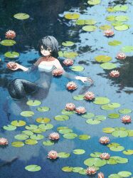 Rule 34 | 1girl, :3, absurdres, artbook, bare arms, bare shoulders, bikini, bikini top only, black hair, blush, breasts, cleavage, closed mouth, collarbone, fish, flower, from above, full body, green eyes, grey tail, highres, holding, holding flower, lake, light smile, lily pad, long hair, medium breasts, mermaid, monster girl, nature, non-web source, original, partially submerged, potg (piotegu), reflection, reflective water, scan, solo, swimsuit, water, water lily flower, white bikini
