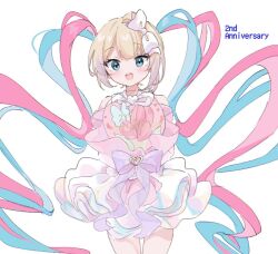 Rule 34 | 1girl, :d, anniversary, blonde hair, blue eyes, blue hair, bouquet, bow, chouzetsusaikawa tenshi-chan, cowboy shot, dress, flower, hair bow, hashtag-only commentary, holding, holding bouquet, kabe (zp66104), long hair, looking at viewer, multicolored hair, needy girl overdose, official alternate costume, open mouth, pink hair, purple bow, quad tails, simple background, smile, solo, standing, tulip, very long hair, white background, white bow, white dress