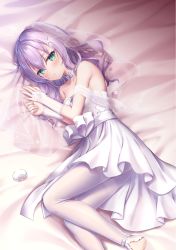 Rule 34 | 1girl, alternate hairstyle, azur lane, bare shoulders, barefoot, bed sheet, blush, bridal veil, choker, collarbone, commentary request, curly hair, detached sleeves, dress, eyes visible through hair, fingerless gloves, from above, gloves, green eyes, hair between eyes, hair down, hair ornament, javelin (azur lane), javelin (blissful june bride) (azur lane), javelin (blissful purity) (azur lane), long hair, looking at viewer, looking to the side, looking up, lying, no shoes, on side, pantyhose, purple hair, sidelocks, solo, strapless, strapless dress, suyamori, veil, wedding dress, white dress, white gloves, white pantyhose, x hair ornament