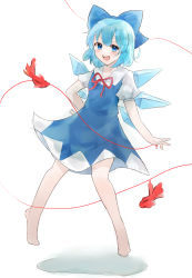Rule 34 | 1girl, :d, absurdres, barefoot, blue dress, blue eyes, blue hair, blush, bow, cirno, dress, fish, floating, full body, hair bow, hand on own hip, highres, ice, looking at viewer, open mouth, pinafore dress, puffy short sleeves, puffy sleeves, red ribbon, ribbon, ruto (mwtp2485), short hair, short sleeves, sleeveless dress, smile, solo, string, string of fate, teeth, touhou, upper teeth only, wings
