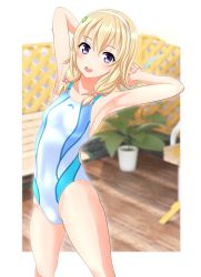 Rule 34 | 1girl, absurdres, arms behind head, bench, blonde hair, blurry, blurry background, breasts, competition swimsuit, covered navel, cowboy shot, hair bobbles, hair ornament, hairband, high school fleet, highres, medium hair, multicolored clothes, multicolored swimsuit, one-piece swimsuit, open mouth, plant, potted plant, purple eyes, small breasts, solo, standing, swimsuit, takafumi, wakasa reo, white hairband, white one-piece swimsuit