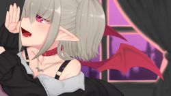 Rule 34 | 1girl, :d, belt collar, black jacket, blurry, blurry background, blush, closed eyes, collar, commentary, curtains, demon wings, depth of field, fang, fangs, from side, grey hair, hand up, head wings, heart, heart-shaped pupils, highres, indoors, jacket, jewelry, laughing, long sleeves, makaino ririmu, makaino ririmu (2nd costume), medium hair, multicolored hair, necklace, nijisanji, off-shoulder jacket, off shoulder, open mouth, pointy ears, profile, red eyes, red wings, short hair, skin fang, sleeves past wrists, smile, solo, spoken symbol, symbol-shaped pupils, twintails, utsusumi kio, virtual youtuber, whispering, window, wings