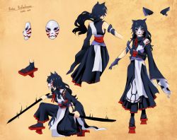 Rule 34 | 1girl, aged up, alternate costume, alternate weapon, animal ears, asymmetrical clothes, black hair, blake belladonna, bow, cat ears, cat girl, character name, character sheet, dated, female focus, geta, gradient background, hair tubes, kuma (bloodycolor), mask, ribbon, rwby, simple background, sword, tengu-geta, weapon