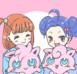Rule 34 | 2girls, 2others, alternate hairstyle, artist name, blue eyes, blush, blush stickers, bright pupils, character request, closed mouth, colored skin, creatures (company), game freak, gen 1 pokemon, hair bun, highres, holding, holding pokemon, jigglypuff, jigglypuffhatta, long hair, multiple girls, multiple others, nintendo, no humans, pink background, pink skin, pokemon, pokemon (creature), reflection, ripples, side ponytail, sparkle, spiked hair, water, water drop, white pupils