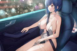 Rule 34 | 1girl, azur lane, bag, bare shoulders, between breasts, blue hair, breasts, car interior, collarbone, dress, hair ornament, hairclip, handbag, highres, jewelry, joko jmc, large breasts, lens flare, necklace, pelvic curtain, pink nails, red eyes, seatbelt, silver dress, sitting, solo, st. louis (azur lane), st. louis (luxurious wheels) (azur lane), thighs