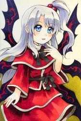 Rule 34 | 1girl, black bow, black bowtie, black ribbon, black sash, blouse, blue eyes, blush, bow, bowtie, breasts, capelet, commentary request, demon wings, grey hair, hair bobbles, hair ornament, highres, layered skirt, long hair, long sleeves, maa (forsythia1729), marker (medium), medium breasts, multiple wings, open mouth, red capelet, red shirt, red skirt, ribbon, sash, shinki (touhou), shirt, side ponytail, skirt, solo, touhou, touhou (pc-98), traditional media, very long hair, wide sleeves, wings