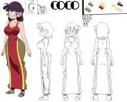 Rule 34 | 1girl, absurdres, artist name, bob cut, breasts, cleavage, color guide, colored skin, dress, eyelashes, green pants, highres, japanese clothes, large breasts, lineart, mature female, multiple views, non-web source, original, pants, purple hair, red dress, short hair, smile, solo, thick thighs, thighs, wide face, yellow eyes