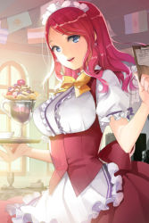 Rule 34 | 1girl, apron, blue eyes, bow, breasts, clipboard, cup, earrings, frills, jewelry, large breasts, long hair, lowres, maid, maid apron, maid headdress, nail polish, open mouth, red hair, rihanna (sword girls), solo, sword girls