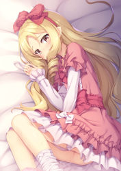 Rule 34 | 10s, 1girl, bed sheet, blonde hair, blush, bow, criss-cross halter, dress, drill hair, embarrassed, eromanga sensei, female focus, frilled bow, frills, hair bow, hairband, halterneck, highres, layered sleeves, legs together, lolita fashion, long hair, long sleeves, looking at viewer, lying, no panties, on side, panties, panties around leg, parted bangs, petticoat, pink dress, pink panties, pointy ears, pussy juice, pussy juice stain, red hairband, sash, shiny skin, socks, solo, tomifumi, underwear, very long hair, white bow, white socks, yamada elf