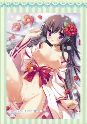 Rule 34 | 1girl, absurdres, bar censor, black hair, breasts, censored, cum, cum on body, cum on breasts, cum on pussy, cum on upper body, flower, flower on head, hair flower, hair ornament, highres, inugahora an, japanese clothes, kimono, large breasts, lying, miko, nipples, no bra, open clothes, open kimono, petals, purple eyes, pussy, rose, rose petals, snow, snowing, spread legs