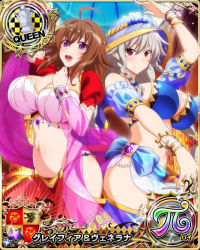 Rule 34 | 2girls, ahoge, blue bow, bow, braid, breasts, brown hair, card (medium), chess piece, cleavage, female focus, grayfia lucifuge, grey hair, hair bow, harem outfit, high school dxd, large breasts, long hair, looking at viewer, midriff, mature female, multiple girls, navel, open mouth, purple eyes, queen (chess), red eyes, smile, trait connection, twin braids, venelana gremory
