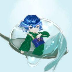 Rule 34 | 1girl, 8tan, blue eyes, blue hair, colorized, dress, fins, gradient background, green dress, head fins, image sample, japanese clothes, kimono, long sleeves, matching hair/eyes, mermaid, mini person, minigirl, monster girl, obi, sash, short hair, sketch, smile, solo, spoon, touhou, wakasagihime, water, wide sleeves