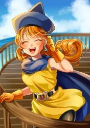 Rule 34 | 1girl, absurdres, alena (dq4), atarime (atarimemakaron), blush, breasts, cape, cloud, curly hair, dragon quest, dragon quest iv, dress, earrings, closed eyes, gloves, hat, highres, jewelry, long hair, open mouth, orange hair, pantyhose, skirt, smile, solo