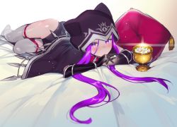 Rule 34 | 1girl, animal collar, animal hood, ass, bed, candy, cape, cat hood, chalice, child, collar, cup, fate/grand order, fate (series), food, gloves, hood, konpeitou, leotard, long hair, looking at viewer, lying, medusa (fate), medusa (lancer) (fate), medusa (rider) (fate), nito (siccarol), on stomach, pillow, purple eyes, purple hair, rider, solo, very long hair